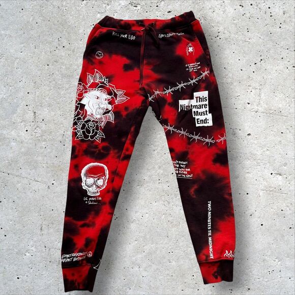 Ninth Hall Scribbles Red Black Tie Dye Joggers Small ‘Sick & Tired’ Graphic - Picture 2 of 11
